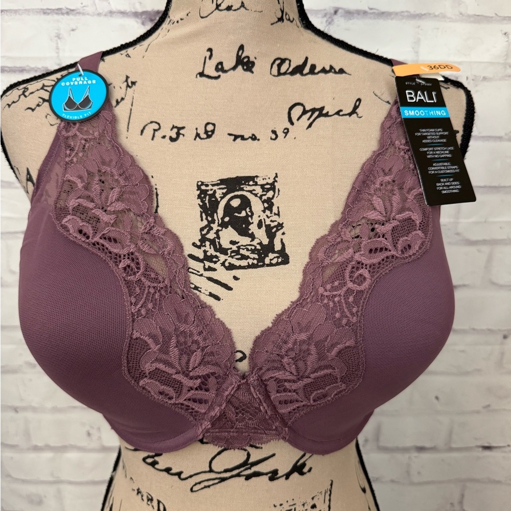 Bali Bra Size 36DD One Smooth U Comfort Stretch Lace‎ Underwire Bra Purple New